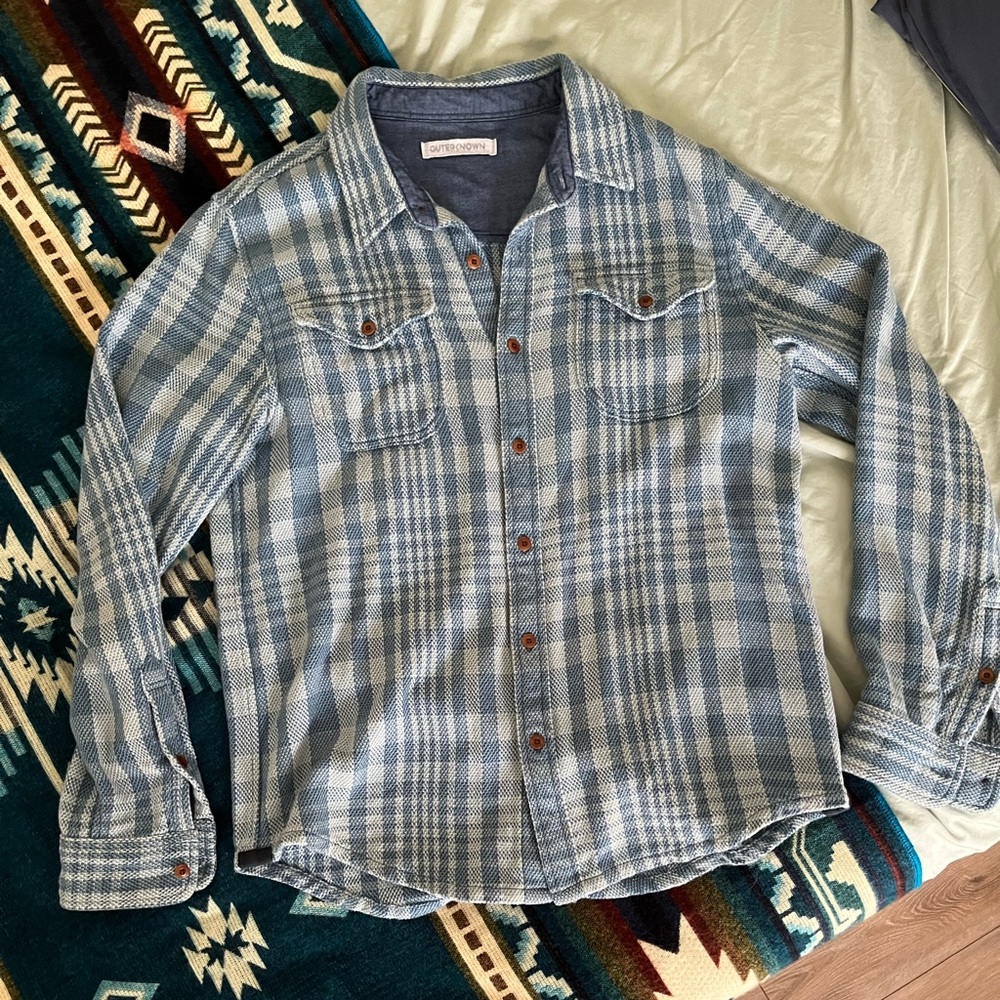 Outerknown Blanket Shirt Textured Blue Plaid Long Sleeve Button Up Shirt